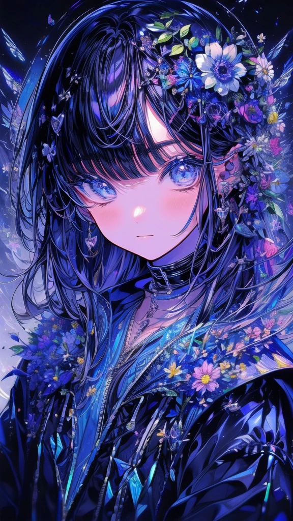 (Piece Fly), (best quality), Very detailed,Focus only,Perfect face, Pretty Face, Very detailed顔,(Black hair:1.3),(blue eyes:1.3),flower,星Light,flowerびら,Light,laughter