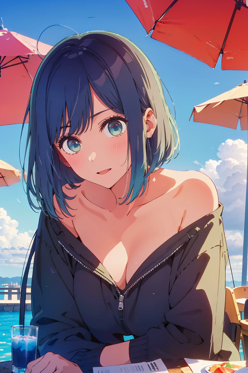 (Highest quality:1.4、8K:1.4、detailed)、F cup bust、Big Breasts、Slim body、Very white beautiful skin、((((1 person、Surprised expression、sit、Chair、In the background are the urban buildings of Tokyo、looking at the camera、Outdoor café terrace、coastal、Navy hair color、juice、Shooting up close、table、Very cute face))))、((((nude、Areola))))、(One hand touching cheek pose:1.4)、Nipples、Very blue sky、A completely cloudless sky