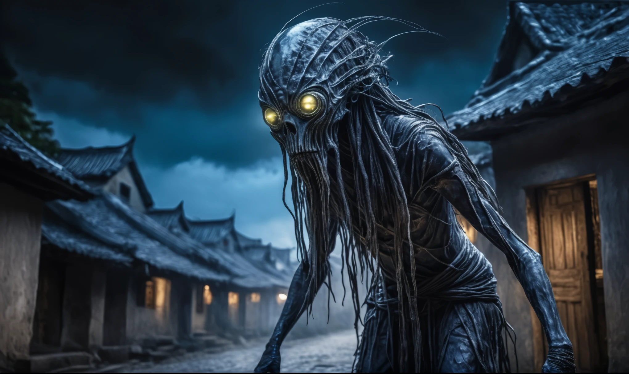 full body length shot,beggar niobium graphite mummy of Alien Entity,native africa sparas ,medieval azctec city,Cinematic,soft colors, Technicolor,natural skin textures, hyper realism, hyper detailed,Extremely detailed,High contrast,Masterpiece,Realistic,Ultra Detailed, intricate details,realistic humid leather,extremely intricate,Epic Realistic, cinematic style, irina yermolova,high contrast,hdr,extremely detailed, [deep night landscape],masterpiece, intricate details, eyes extremely detailed, high detailed eyes,8k resolution,retina, Nikon Z9,Korea,orc,Li River in Guangxi Zhuang of Italia, Pisces, transition between two art styles, Double contact, X-ray, Creative, vivid light, fantasy, Abstract, Surrealism, super detailed, high resolution, trap against fairies between houses in air,insanity wear,Her skin is pale, almost translucent. His eyes shine with a bluish glow, he wears dark,, symbols of mourning and gothic elements, further emphasizing its dark air. is portrayed as a haunted and tormented entity,Mestichino,Light particles,chaos,jellyfish's leather
