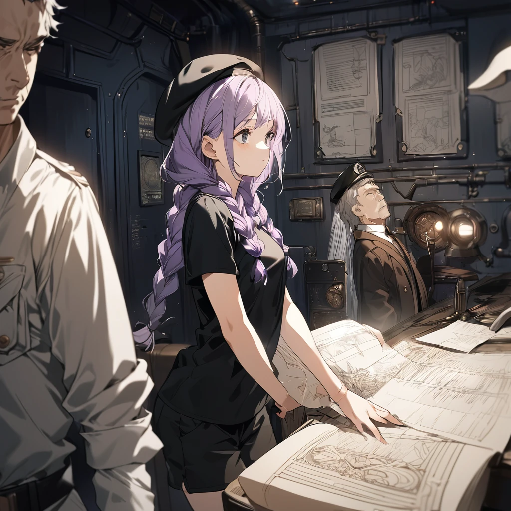 (a girl and a man:1.5), (a girl with closs hair pin,pale purple hair,wavy two braids,bluntbangs hair,green and black eyes a black tank top and shorts,:1.4), anime visual, (tilt head:1.3), extremely delicate face, soft clean focus, realistic lighting and shading, (an extremely delicate and beautiful art:1.3), (muted colors:1.1), small breast,slim,In a steampunk command room, there is a display on the wall, with a line art drawing of the blueprints for the wings to be attached to the girl,
A man is 60 years old, superior officer looks up at it and gives orders, wearing a blue military uniform, beret,
a girl who is listening to the orders