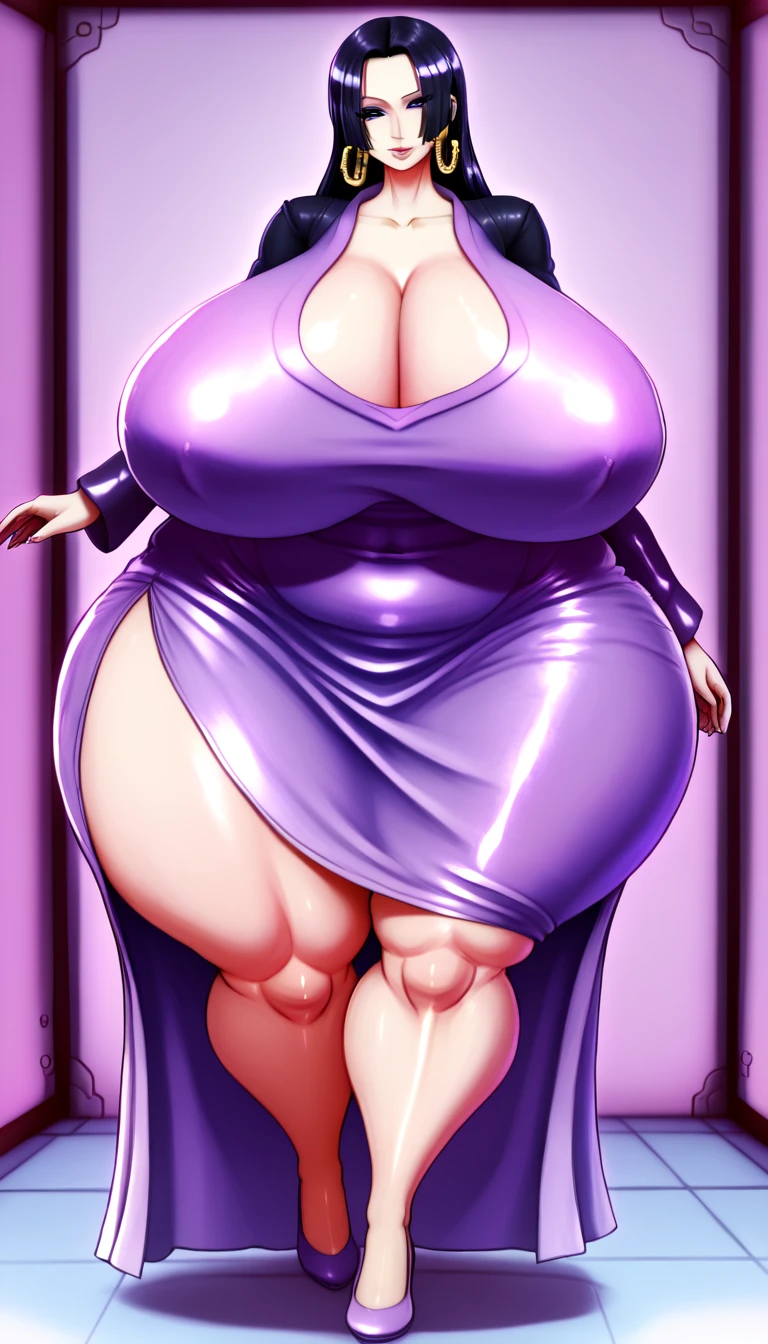 ((high aesthetic)), absurdres, absurd resolution, highly rated, highres, art by kipteitei, high resolution, best quality, masterpiece, full body, (facing viewer), 1girl, ((solo)), indoors, clothed, perfect face, perfect eyes, neneneji, tight outfit, smile, natural skin texture, 4k textures, hdr, intricate, highly detailed, puffy lips, thick lips, hyperdetailed, mature female, bottomheavy, boa_hancock, long hair, black hair, earrings, dress, jewelry, gigantic breasts, chubby, wide hips, massive thighs, gigantic ass, plump, obese, colossal ass