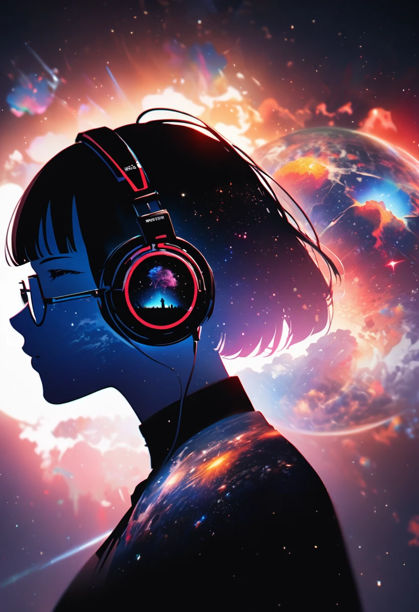 silhouette of a woman in profile.(super very short hair:1.3), blunt bangs, (((underrim glasses:1.3))), (headphones:1.3), Inside the silhouette you can see the double exposure with a deep space, universe, supernova explosion, masterpiece, ((double exposure)), proportional.,DOUBLE EXPOSURE