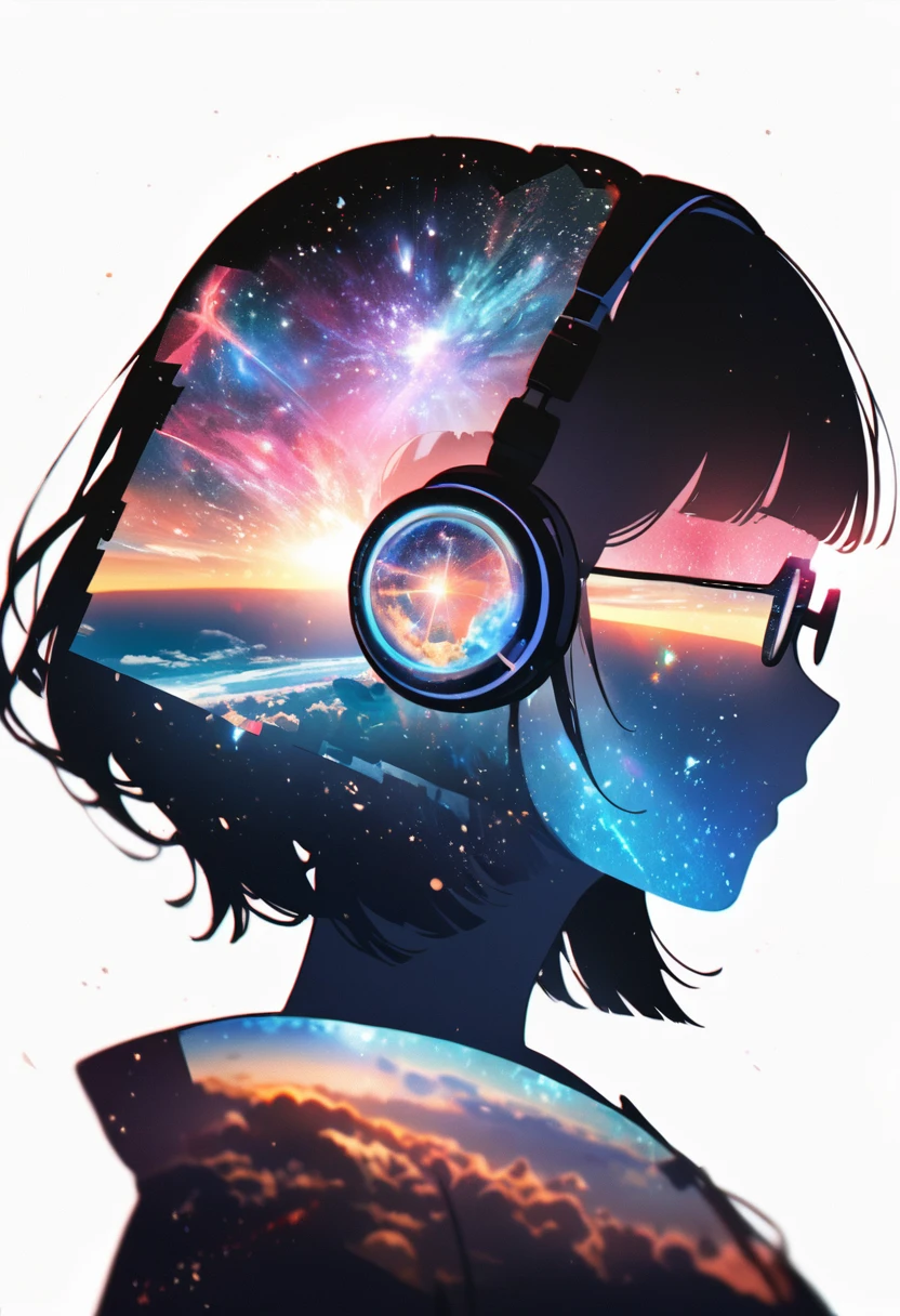 silhouette of a woman in profile.(super very short hair:1.3), blunt bangs, (((underrim glasses:1.3))), (headphones:1.3), Inside the silhouette you can see the double exposure with a deep space, universe, supernova explosion, masterpiece, ((double exposure)), proportional.,DOUBLE EXPOSURE

