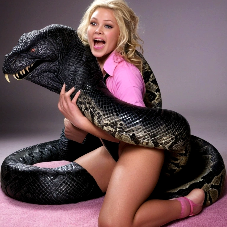 Pink thong Happy Horny, aroused 1girl), beautiful kneeling young blonde pornstar with giant colossal black titanboa monster squeezing her hard, wrapped in thick spiraling coils, constricted, struggle, gasping for air, snake attack, snake peril, moonless night, dim light