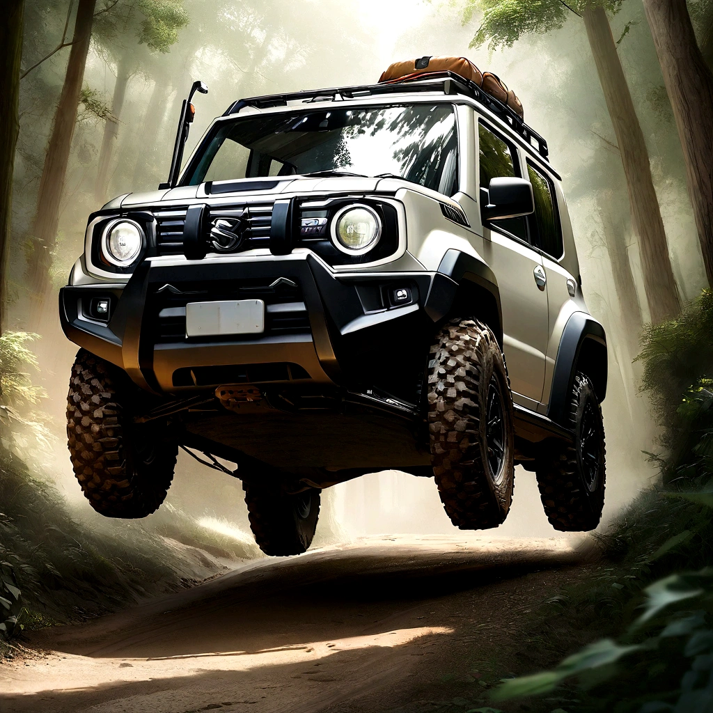 a highly detailed, photorealistic, 2015 suzuki jimny off-road suv in ivory color, driving through a muddy forest path, suspension lifted, beautiful dramatic natural lighting, intricate details, hyperrealistic, cinematic composition