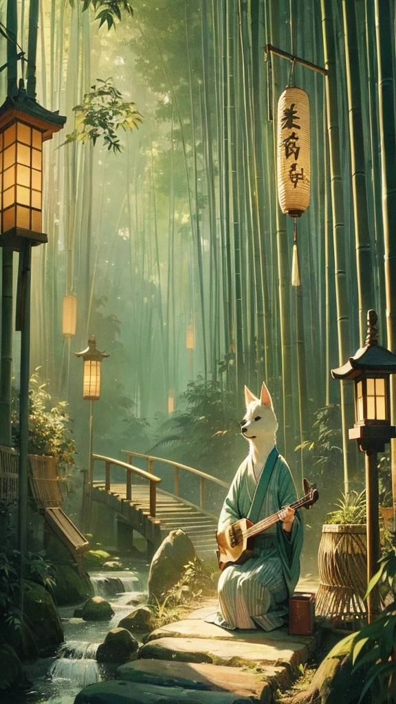 "A serene Japanese lo-fi scene set in a bamboo forest. A dog is sitting on a stone path, playing a shamisen with a calm, content expression. The surrounding bamboo sways gently in the breeze, and soft, dappled sunlight filters through the leaves. In the background, a small stream flows, adding to the tranquil atmosphere. Traditional Japanese lanterns hang from the bamboo, casting a warm, ambient glow."