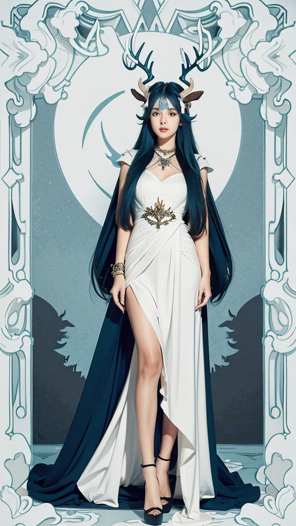1 girl, solo, long hair, hip height, low tied long hair, deer antlers, simple background, helmet, extra long hair, blue hair, horns, dress, full body, jewelry, white hip height, 8k, best quality, masterpiece