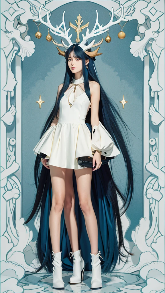 1 girl, solo, long hair, hip height, low tied long hair, deer antlers, simple background, helmet, extra long hair, blue hair, horns, dress, full body, jewelry, white hip height, 8k, best quality, masterpiece