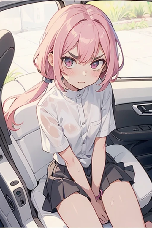 Girl with pink hair, long twin-tail hairstyle, ((small pink bushy eyebrows)),  naked, lolicon (Zankuro) drawing style by zankuro artist, ザンクロー style, image uploaded to R34, moving her skirt to show her wet vagina with semen, sitting inside a car, with an angry face and teary eyes, , (( bubbling semen)) with semen dripping from the mouth , reverse rape(( male pov)) looking from above, (lying down with open legs) close up, taking selfie