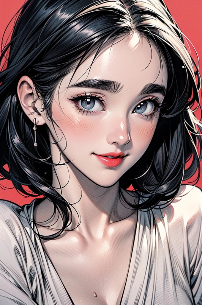((Manga illustration)), ((Jennifer Connelly)) close up portrait ,solo , medium short hair, looking at viewer, blush , smile , happy , red lipstick,close up portrait, solo, focus on eyes, plain background, (in vector style), ((monochrome Manga drawing))