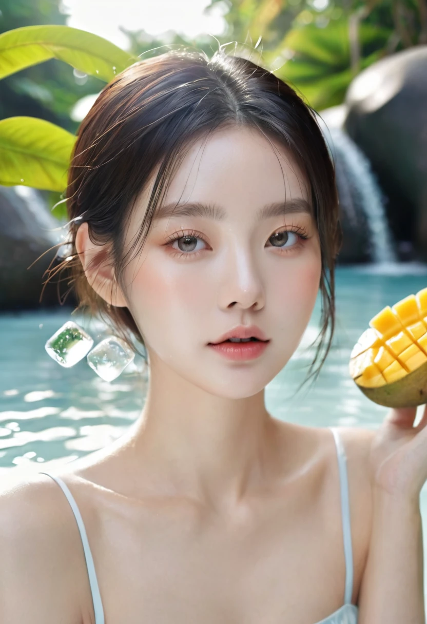 Summer Melon Girl,Dopamine teenage, Cool summer days,Ice cubes,The watery girl,Delicate skin,Hydration,Shiny,Shiny,dream,Front view,bust,pearl,Cantaloupe fruit
