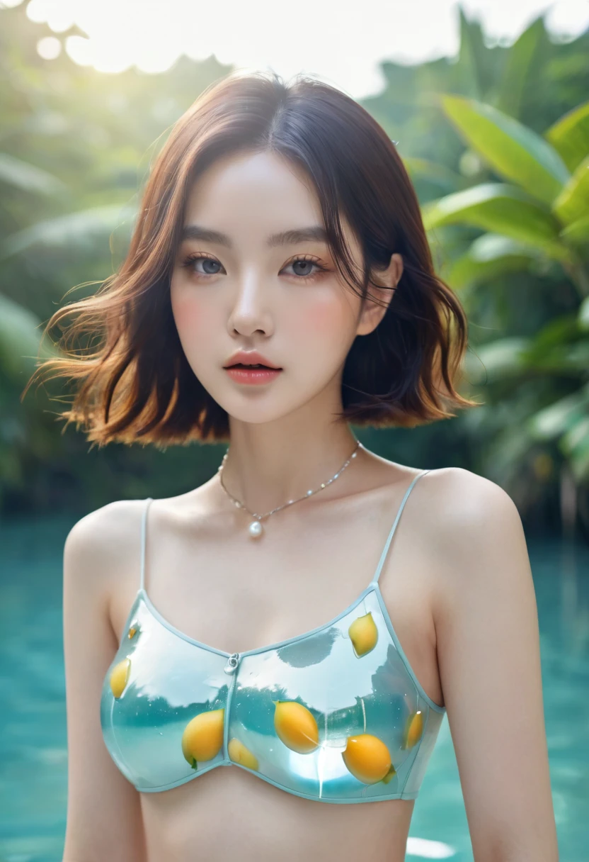 夏日mango少女，Dopamine teenage， Cool summer days，Ice cubes，The watery girl，Delicate skin，Hydration，Shiny，Shiny，dream，Front view，bust，pearl，mango
