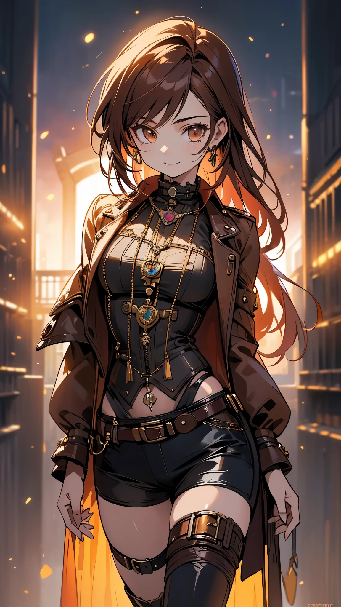 (highest quality, 4k, High resolution, masterpiece:1.2), Super detailed, (anime style, photorealistic:1.37), cinematic light, Bright colors and mesmerizing effects, Soft and delicate lighting, gentle shine, Beautiful and gentle atmosphere throughout the scene, (1girl:1.5), joven, (Cara finamente detallada:1.4, Ropa detallada), (Detallado:1.4) named (Eimi Fukada:1.1) BREAK Cara hermosa, Profundidad de campo, Agregar capa, 27 years old, Modelo de cuerpo perfecto, senos perfectos, 175cm de altura, pose sexy, full body, cuerpo completo, Tipo de cuerpo del modelo, BREAK (steampunk style dressed:1.3), (Cabello largo:1.3), (brunette:1.1), dark brown hair, doble parpado, (reddish brown eyes:1.5) BREAK blush, long hair, nijistyle, (thigh gap), (cowboy shot:1.3), smile
