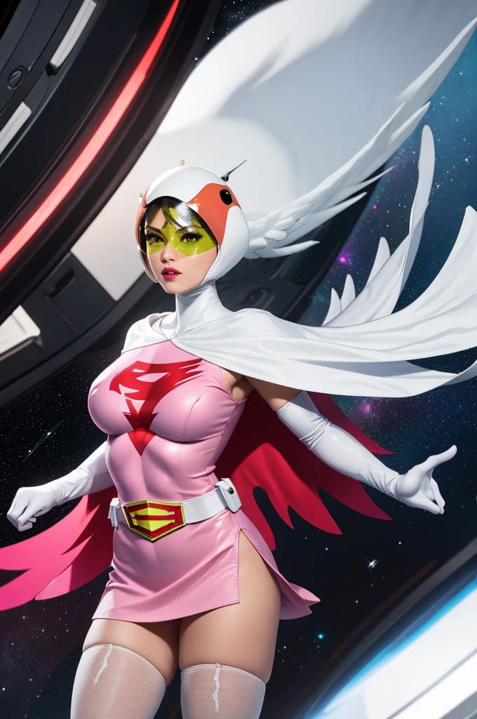 ((masterpiece)),((Highest quality)),((High resolution)),((Highly detailed CG Unity 8k wallpaper)), Outdoor, Day, Upper Body, View your viewers, alone, Concentration, break, 
Year_Classic_Jun_Gatchaman_myself, Jun the swan, 
One girl, chest, lips, medium chest, large chest, Green Eyes, lipstick, compensate, eyelash, eye shadow,
visor, Helmet, Cape, Elbow hand pockets, Knee socks, belt, White gloves, zettai ryouiki, mask, skirt, White legwear, Superhero, leotard, Spacesuit, Pink Dress, white Cape,  pink leotard, pink skirt, Short dress,
