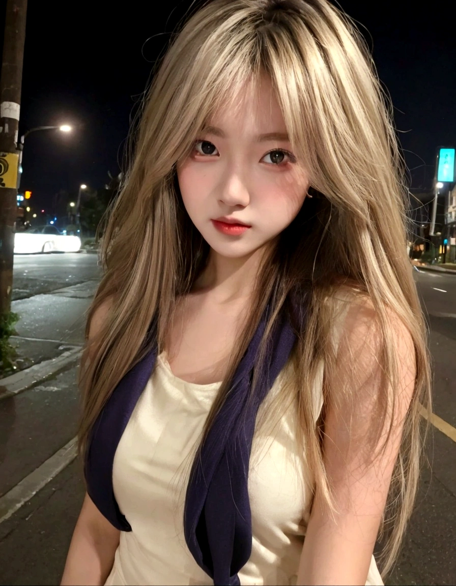 A woman stands on a city street at night,Background with city streets