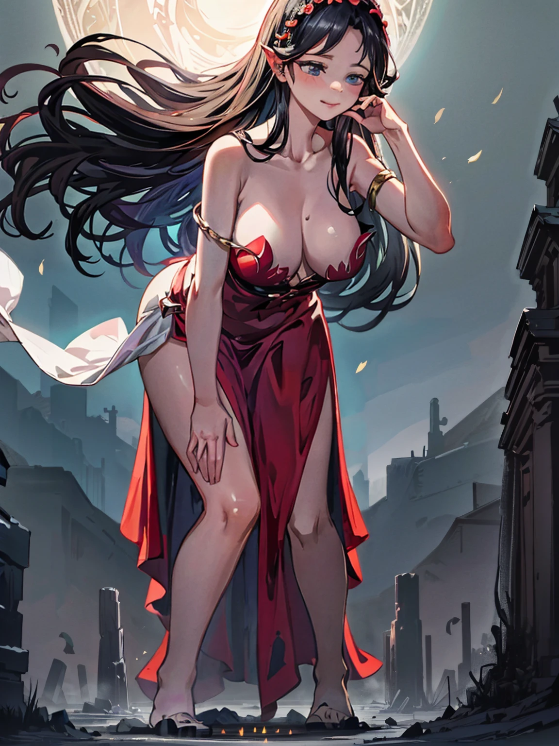 Aradia, a colossal 57 meter sorceress, emerges from a stone circle at dawn, Her snow-white skin glowing in the light of the rising sun. Her long black hair falls in messy strands over her shoulders.. completely naked, standing in a mystical glade, her posture is defiant and seductive, with one leg slightly bent and one hand raising a rune staff, while the other caresses her abdomen. His eyes, full of mystery and desire, They look at the tiny humans at their feet, spellbound by their arcane presence. Her red lips curve into a mysterious smile and her curvy, sculpted body radiates an aura of mystical eroticism., enveloping everyone present in a spell of submission and magical fascination.