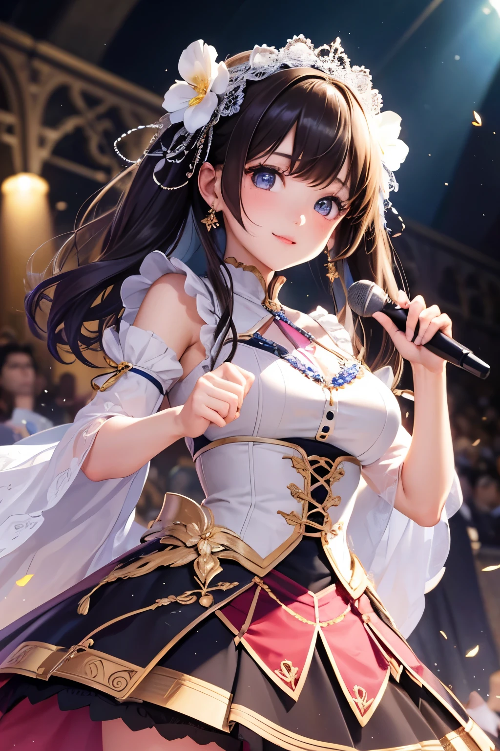 One Girl、Looking at the audience、
Beautiful Pink Eyes、brown short twintail hair, Mole under the eye、Plump and glossy lips、Heart-shaped choca、Idol、she is name May , smile、ー、。.。.。.。.。.。.。.。.。.。.。.。.。.。.。.。.。.。.3D、Realistic、
idol costume、short skirt,Drape clothes、gem、The decoration has been removed、Floral、Lace trim,On the glittering stage、
masterpiece、highest quality、8k、Detailed skin texture、Detailed cloth texture、Beautifully detailed face、Intricate details、Very detailed、
超A high resolution、8K Ultra HD、Film Grain、Best Shadow、delicate、Staring at the audience、front