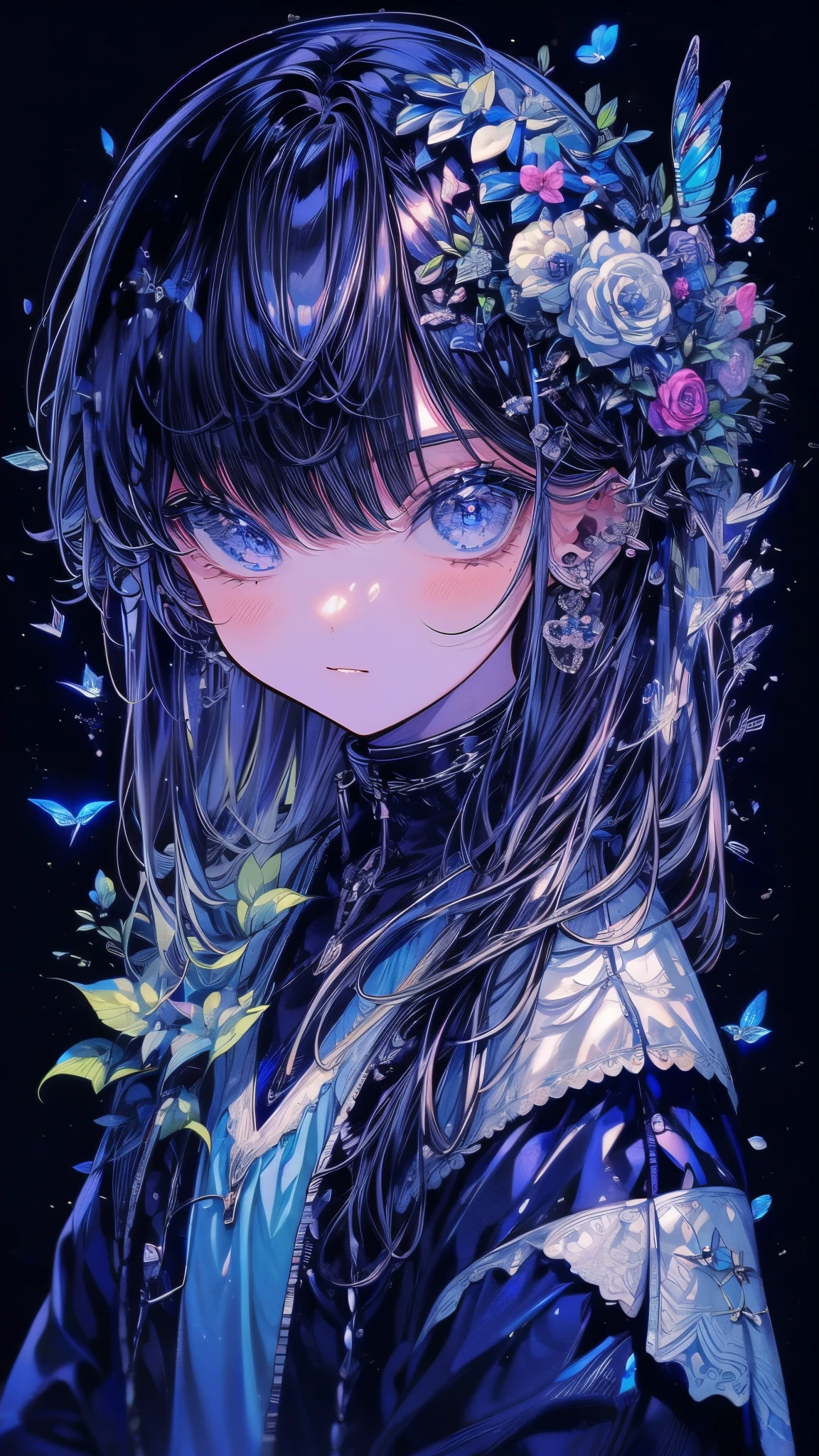 (Piece Fly), (best quality), Very detailed,Focus only，Perfect face, Pretty Face, Very detailed顔，(Black hair:1.3)，(blue eyes:1.3)，flower，星Light，flowerびら，Light，laughter