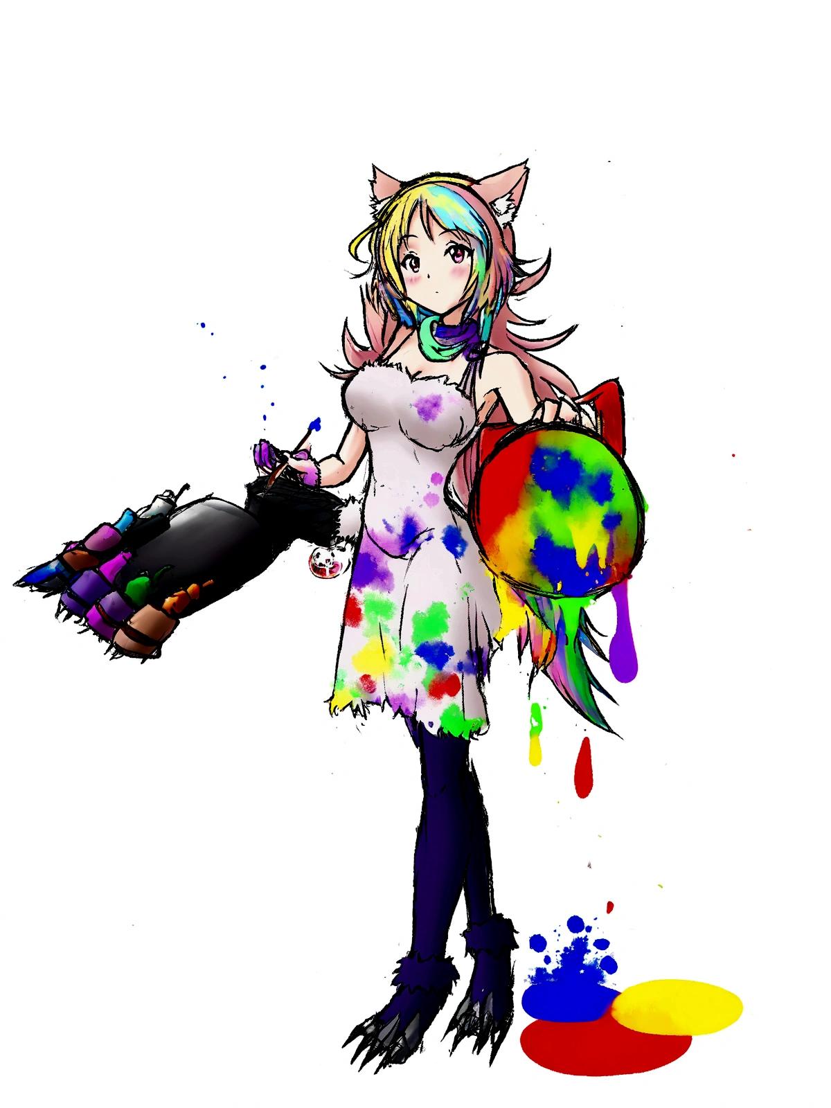 Anime girl with cat tail holding paintbrush and paint can, Farson art, アニメCat girl, female Farson, Farson!!!!, Holo is a wolf girl, Cat girl, Anime Color, Colorful sketch, very beautiful anime Cat girl, Art Nouveau Colors, Full Color, fur art!!!, beautiful アニメCat girl