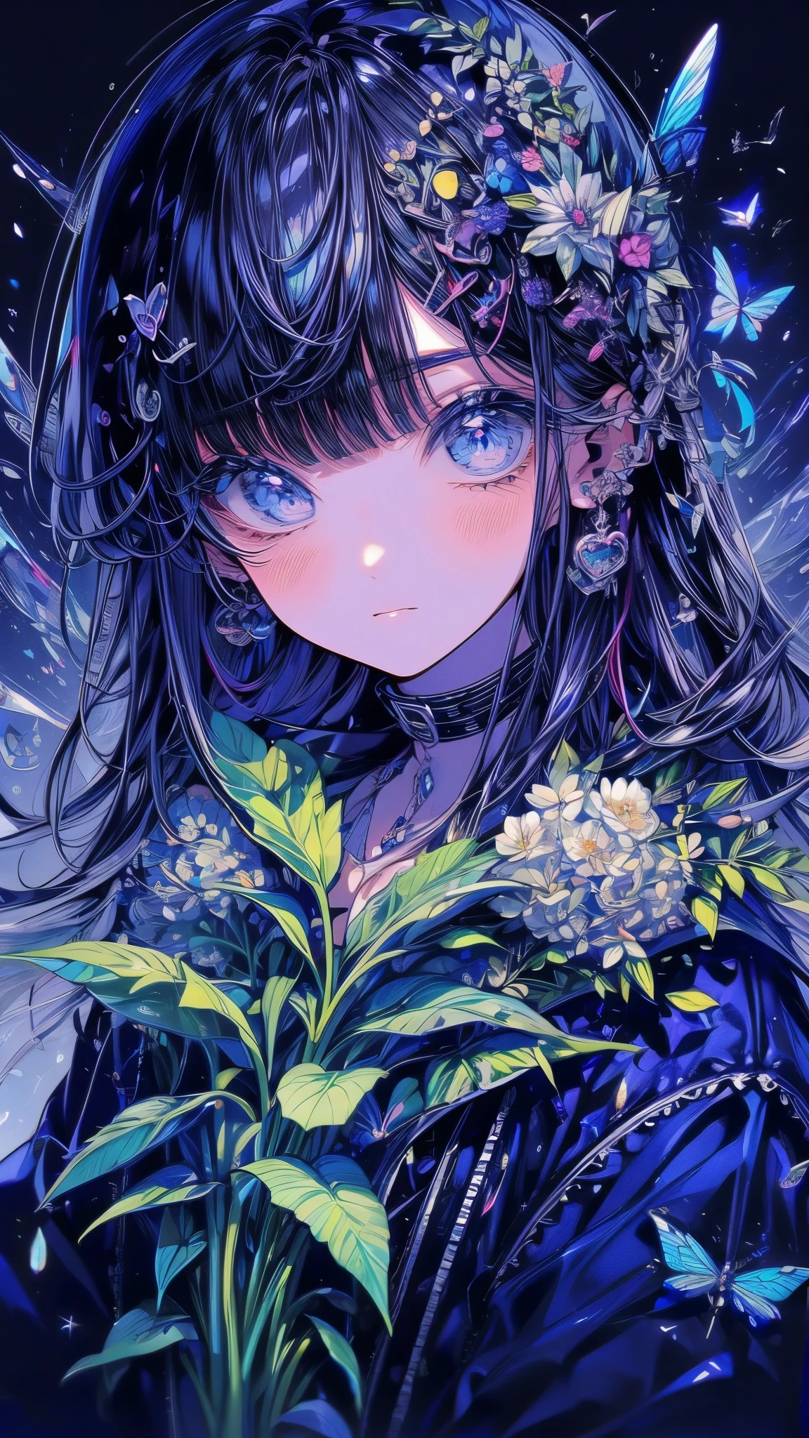 (Piece Fly), (best quality), Very detailed,Focus only,Perfect face, Pretty Face, Very detailed顔,(Black hair:1.3),(blue eyes:1.3),flower,星Light,flowerびら,Light,laughter