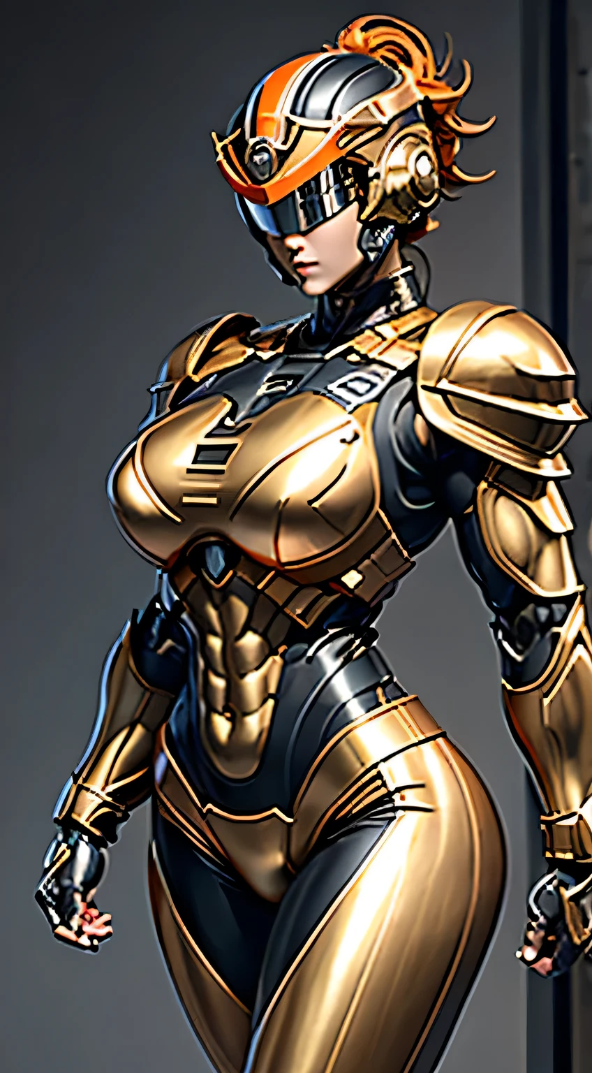 Female Robocop Solo、Bright outdoors、strong light source、8K, high quality, masterpiece, 最high quality, Crisp contrast、Very detailed、Full body armor、Very large armor、Helmet covering the head、Clear photos、His eyes are hidden by thin straight goggles:1.3、The lower half of the face is raw々Shii:1.5、The lower half of the face is exposed、Seductive lips、Light orange metallic armor、Armor that completely covers the chest、Long, slender legs、Vibrant Posselo Body View,Big and ample breasts:1.5, (Sports Body:1.5)、Five Fingers、Hold a handgun、In the city