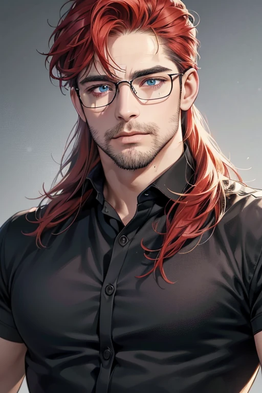 (Best quality,4K,8K,a high resolution,masterpiece:1.2),ultra detailed,(realistic,photorealistic,photo-realistic:1.37),39 year old man,3 day beard,Beautiful anime,portraits,strong,masculine, red hair,Sharp jawline,Mesmerizing eyes,Perfectly styled hair,cool anime outfit,confident expression,bright colors,dynamic lighting, blue eyes, (black shirt, glasses on face)