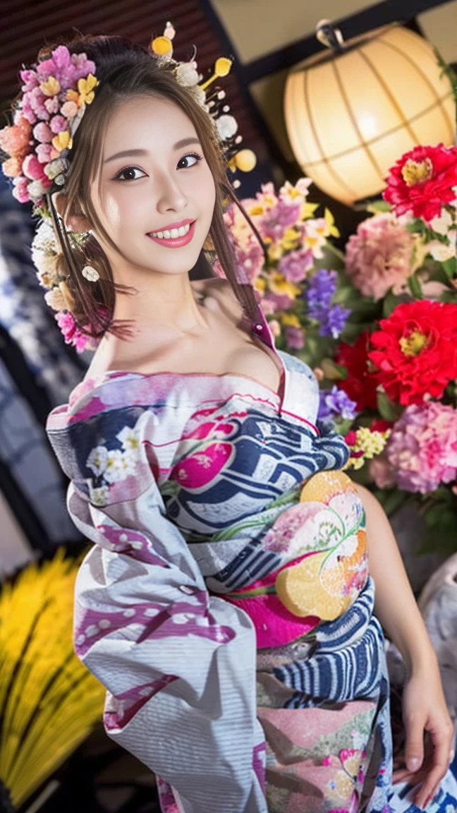 ((masterpiece(:1.4),Highest quality,Ultra-high resolution,Highest quality,8k,Extremely detailed,In detail))。night,Fireworks display,Japanese,A beautiful woman,Big Breasts,Flashy gal makeup,Oiran,Long-sleeved kimono,Hair tying,hair ornaments,smoke tube,geta,Gorgeous and luxurious,(Fireworks displayのnightに河川敷で花火を背景にしたスナップ写真),Hyper Quality