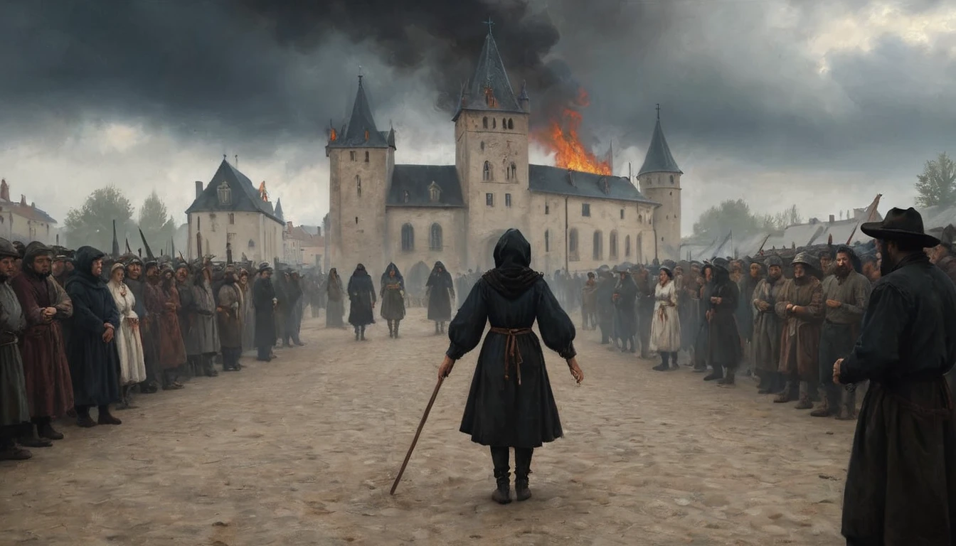 The image shows a dark and dramatic scene with a woman tied to a stake in the center of a medieval square. The woman is dressed in simple clothes and her expression is one of fear and resignation. Flames begin to surround her as smoke rises into the air. Around the bonfire, a group of inquisitors dressed in dark robes and crosses can be seen, as well as a crowd of onlookers with expressions of horror and fascination. The sky is gray and gloomy, with low clouds adding a sense of oppression and tragedy to the scene. Medieval architecture and historical details in clothing and surroundings add to the authenticity and intensity of the moment., Hyperrealism, Impressionism, close-up, cowboy shot, UHD, retina, masterpiece, accurate, anatomically correct, textured skin, super detail, award winning, 8k
