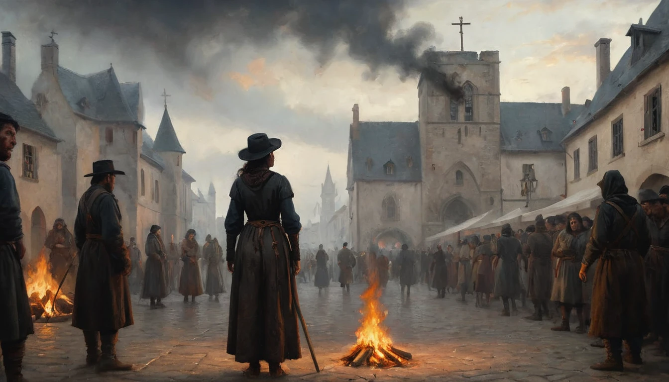 The image shows a dark and dramatic scene with a woman tied to a stake in the center of a medieval square. The woman is dressed in simple clothes and her expression is one of fear and resignation. Flames begin to surround her as smoke rises into the air. Around the bonfire, a group of inquisitors dressed in dark robes and crosses can be seen, as well as a crowd of onlookers with expressions of horror and fascination. The sky is gray and gloomy, with low clouds adding a sense of oppression and tragedy to the scene. Medieval architecture and historical details in clothing and surroundings add to the authenticity and intensity of the moment., Hyperrealism, Impressionism, close-up, cowboy shot, UHD, retina, masterpiece, accurate, anatomically correct, textured skin, super detail, award winning, 8k