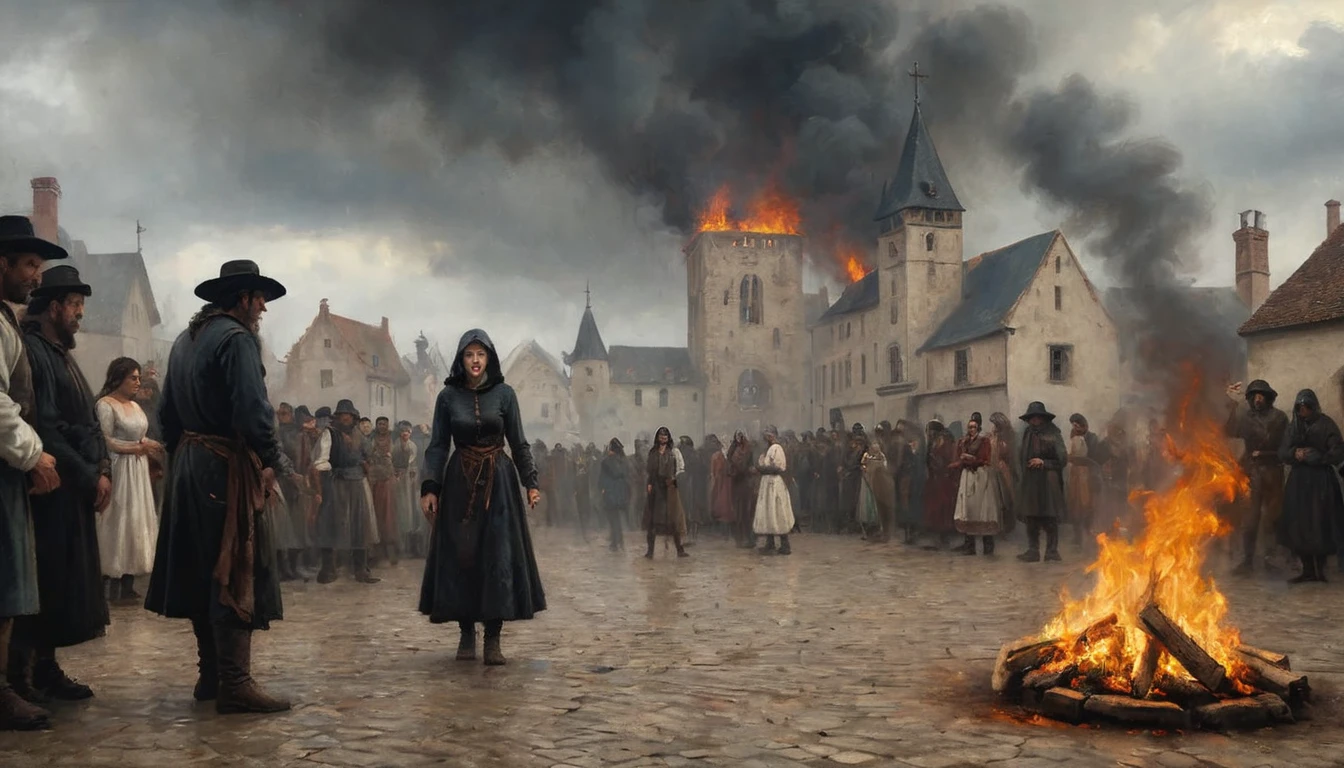 The image shows a dark and dramatic scene with a woman tied to a stake in the center of a medieval square. The woman is dressed in simple clothes and her expression is one of fear and resignation. Flames begin to surround her as smoke rises into the air. Around the bonfire, a group of inquisitors dressed in dark robes and crosses can be seen, as well as a crowd of onlookers with expressions of horror and fascination. The sky is gray and gloomy, with low clouds adding a sense of oppression and tragedy to the scene. Medieval architecture and historical details in clothing and surroundings add to the authenticity and intensity of the moment., Hyperrealism, Impressionism, close-up, cowboy shot, UHD, retina, masterpiece, accurate, anatomically correct, textured skin, super detail, award winning, 8k