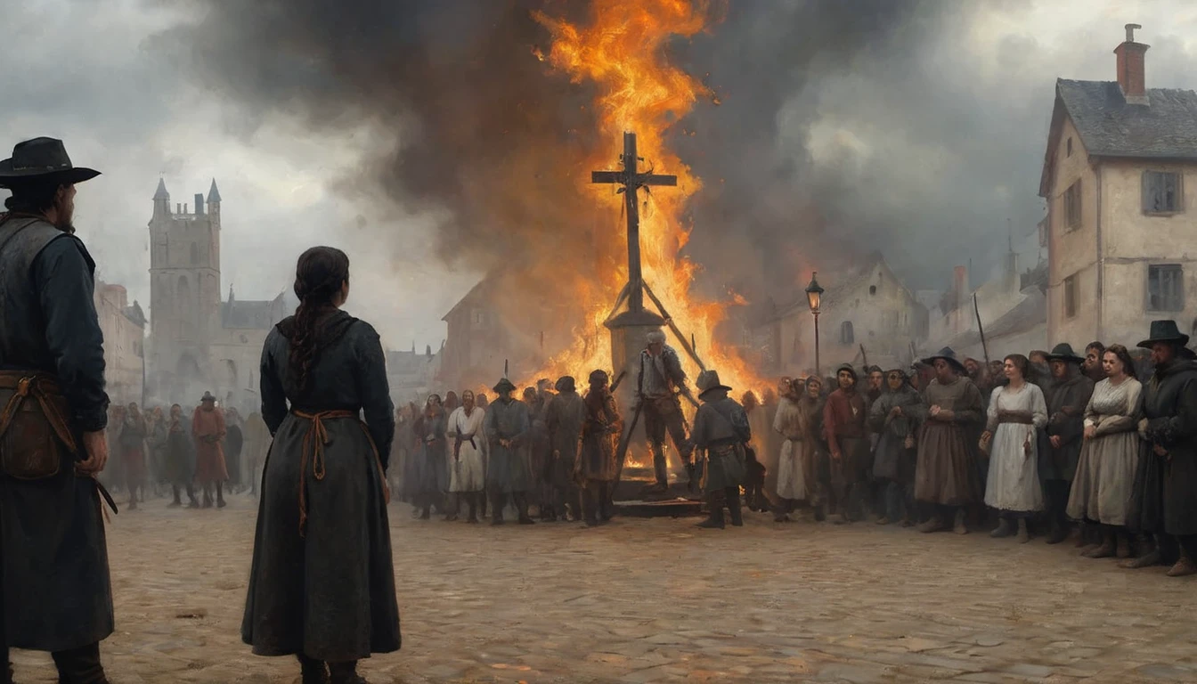 The image shows a dark and dramatic scene with a woman tied to a stake in the center of a medieval square. The woman is dressed in simple clothes and her expression is one of fear and resignation. Flames begin to surround her as smoke rises into the air. Around the bonfire, a group of inquisitors dressed in dark robes and crosses can be seen, as well as a crowd of onlookers with expressions of horror and fascination. The sky is gray and gloomy, with low clouds adding a sense of oppression and tragedy to the scene. Medieval architecture and historical details in clothing and surroundings add to the authenticity and intensity of the moment., Hyperrealism, Impressionism, close-up, cowboy shot, UHD, retina, masterpiece, accurate, anatomically correct, textured skin, super detail, award winning, 8k
