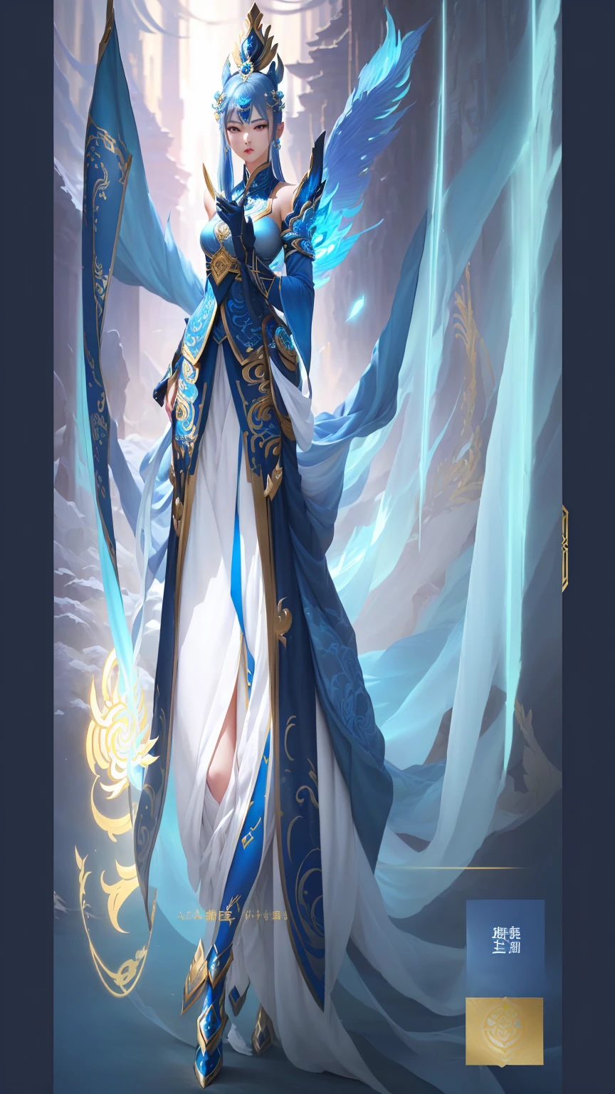 arafed image of a woman dressed in a blue and gold outfit, inspired by Huang Shen, full body xianxia, tane skin, xianxia hero, heise jinyao, mobile legends, range murata and artgerm, irelia, inspired by Li Kan, inspired by Qu Leilei, inspired by Shen Zhou, sylas