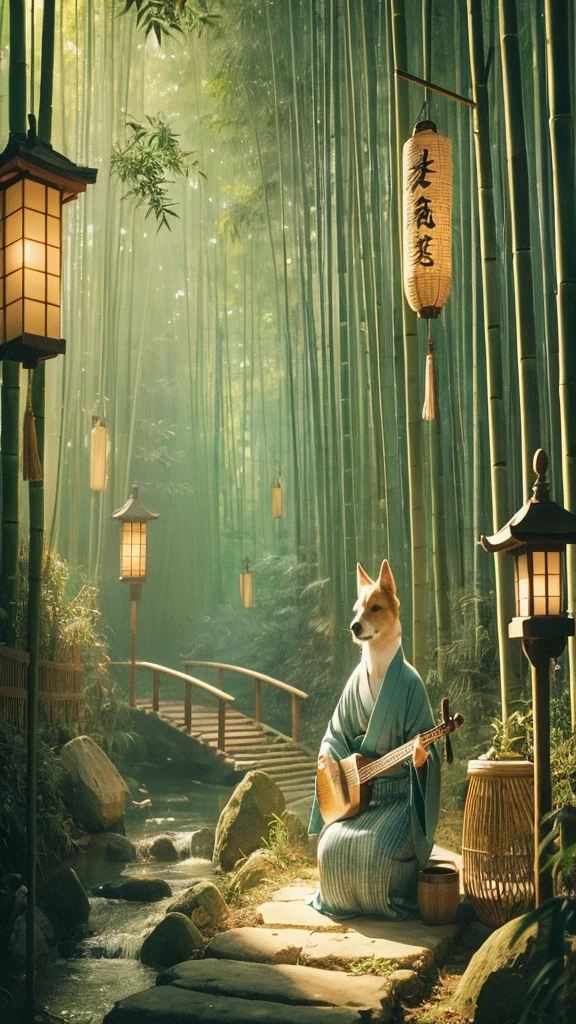 "A serene Japanese lo-fi scene set in a bamboo forest. A dog is sitting on a stone path, playing a shamisen with a calm, content expression. The surrounding bamboo sways gently in the breeze, and soft, dappled sunlight filters through the leaves. In the background, a small stream flows, adding to the tranquil atmosphere. Traditional Japanese lanterns hang from the bamboo, casting a warm, ambient glow."