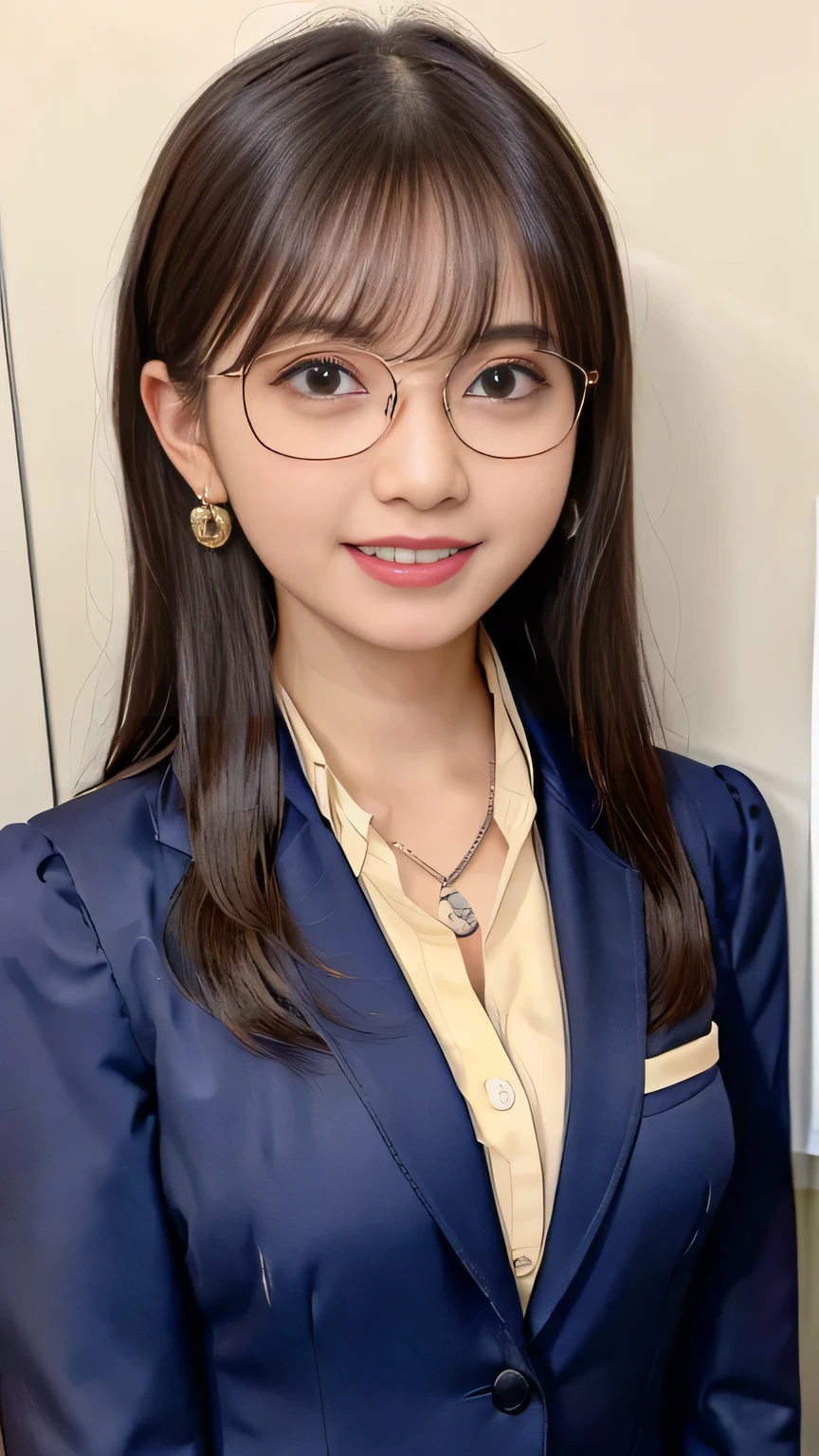 Highest quality:1.2), RAW Photos, High resolution, Very detailed, Intricate details, 、ear piercing、smile、Emphasis on teeth、、Black Hair、 (Front view, ), Clear beauty, Upper Body, (High quality fabric, Office Lady Suit 、Jacket、Unbuttoned shirt、 Necklace around the neck、The background is the office、Dark eyeliner、Glasses