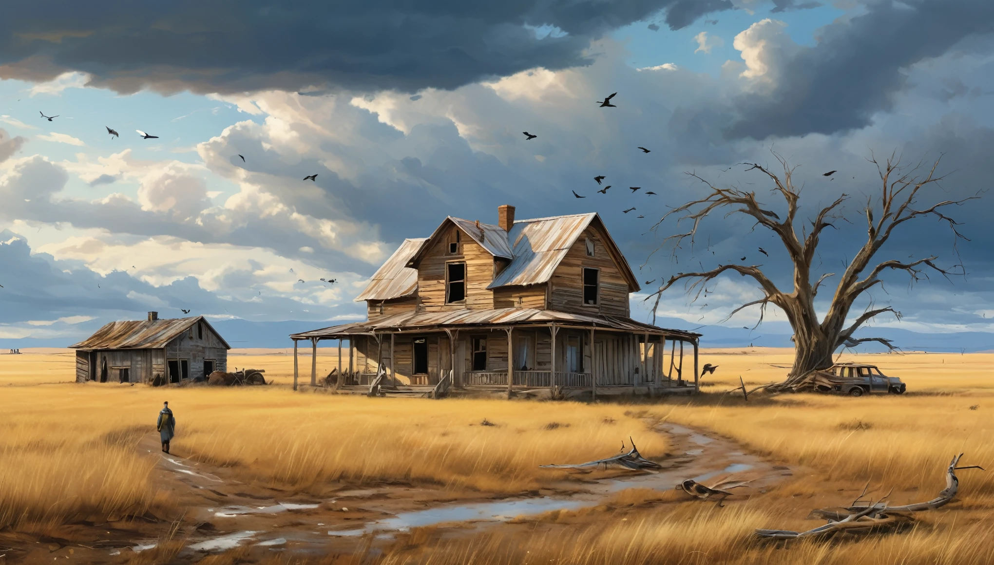 A desolate, rustic farmhouse in an expansive, barren field. The house has an old, weathered appearance with corrugated metal roofing and wooden siding, showcasing signs of decay. The landscape features dry, yellowed grass and leafless trees under an overcast sky. Two figures stand near the house, adding to the eerie and deserted atmosphere. A flock of birds flies overhead, enhancing the scene's somber and isolated mood. Hyper realistic photo, vibrant colors, 16k