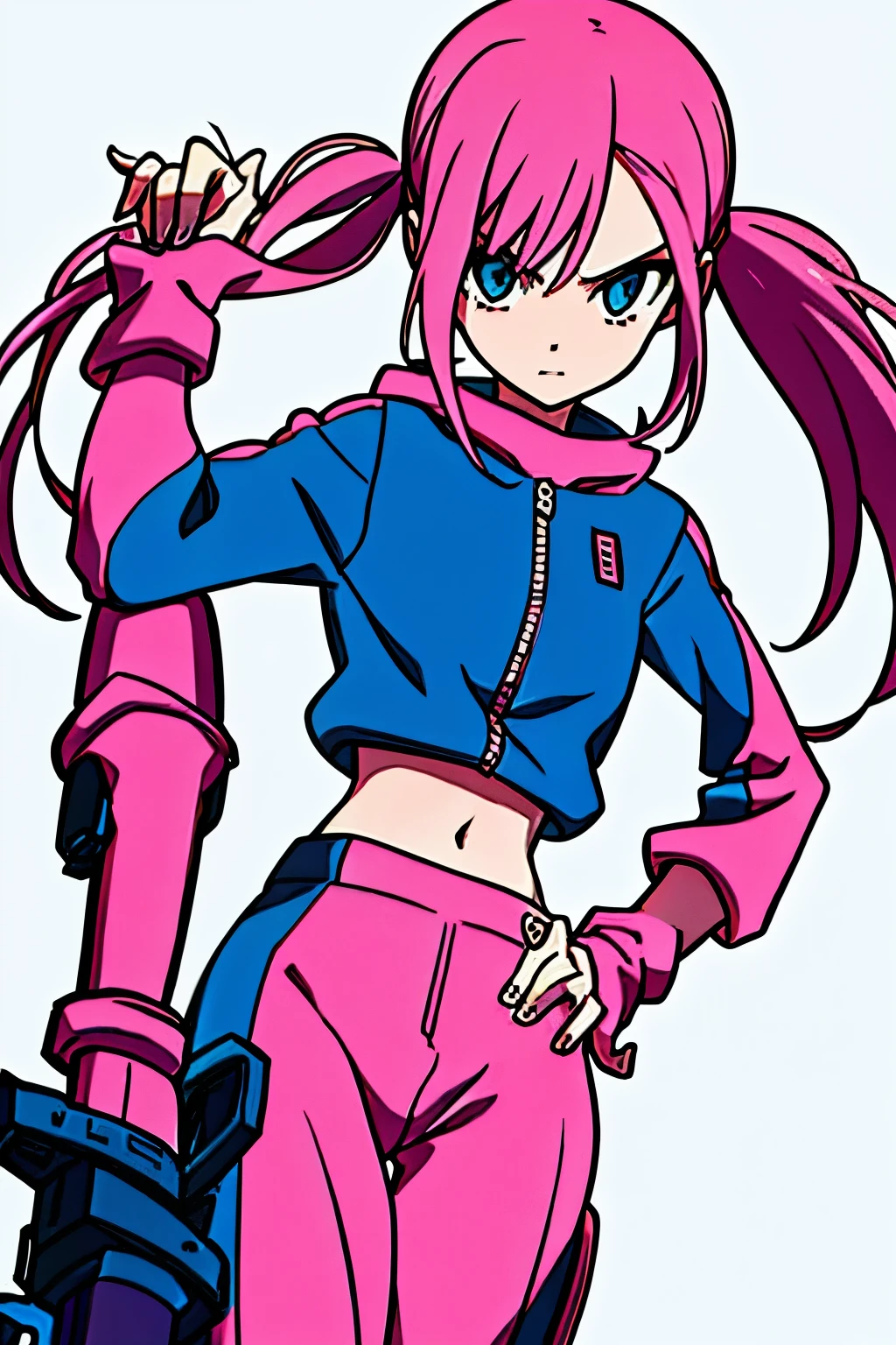 13 year old girl Anime Shonen Style Design,retro clothes, bizarre creative design, short bright pink hair, blue sky eyes,  shonen style outfit, weapon