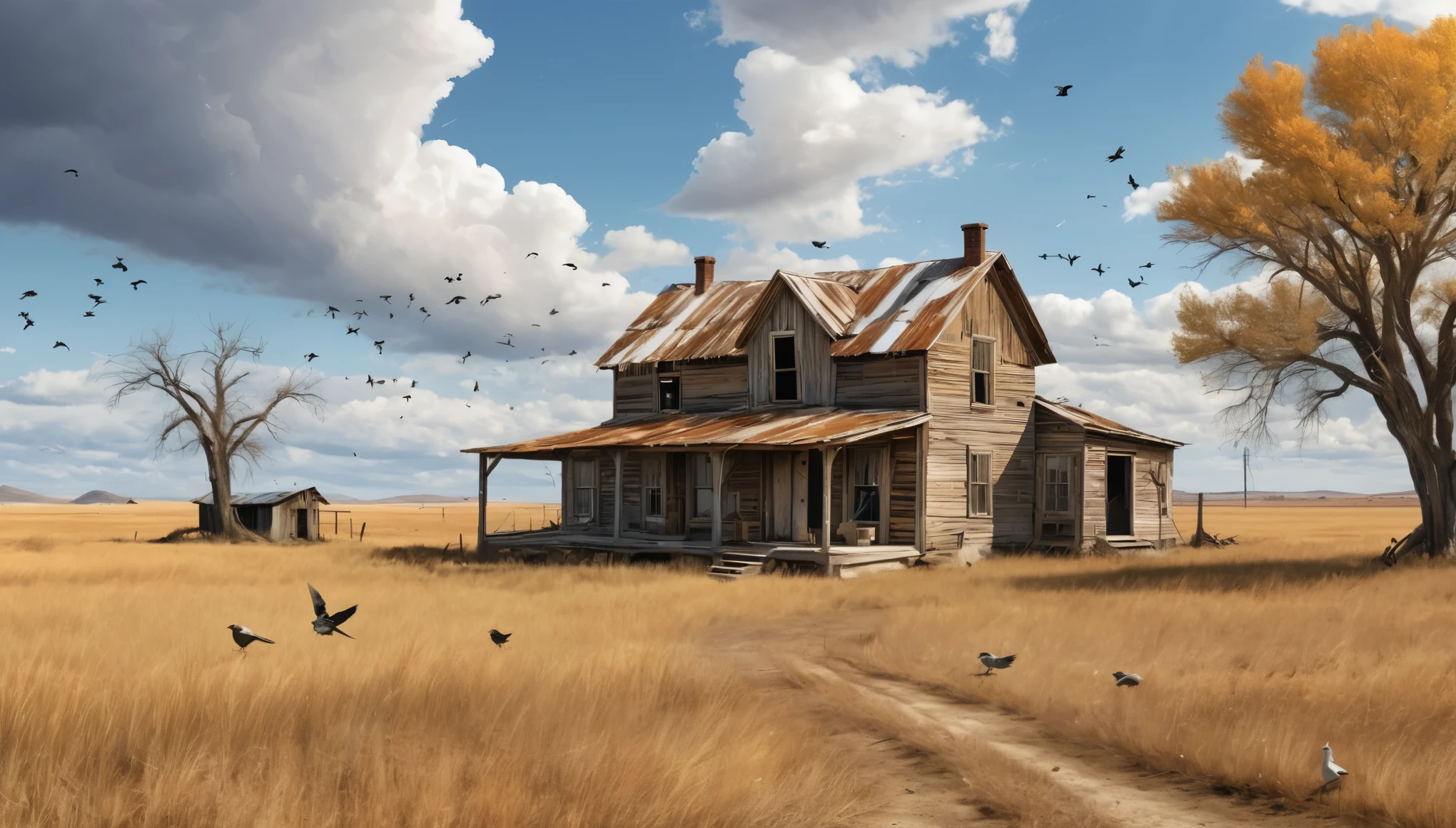 A desolate, rustic farmhouse in an expansive, barren field. The house has an old, weathered appearance with corrugated metal roofing and wooden siding, showcasing signs of decay. The landscape features dry, yellowed grass and leafless trees under an overcast sky. Two figures stand near the house, adding to the eerie and deserted atmosphere. A flock of birds flies overhead, enhancing the scene's somber and isolated mood. Hyper realistic photo, vibrant colors, 16k