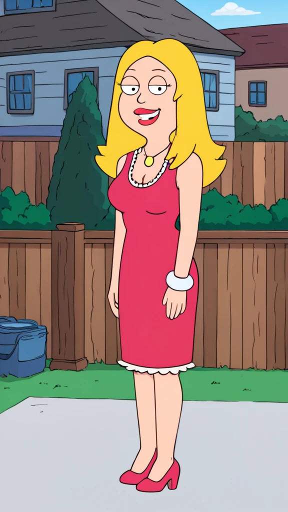 francine,flat color, blonde hair, 1girl, long hair, white braclet, breasts, solo, necklace, cleavage, pink dress, dress, red lips, standing,looking at viewer,outdoors, full-body, smile