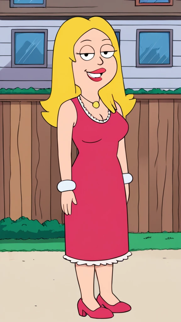 Score_9_up, score_8_up, score_7_up, 1girl, solo, jrwfg, blonde hair, long hair, necklace pink dress, cleavage, white high heels, hand on hip.