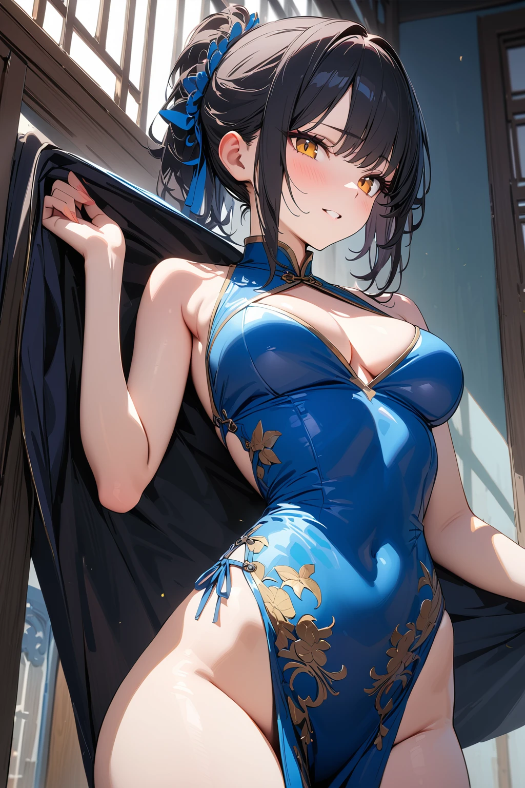 (masterpiece, best quality:1.5), (ultra detailed, high resolution, 8k, beautiful detailed, UHD, best anatomy), 1 cute girl, black hair, medium breasts, china dress