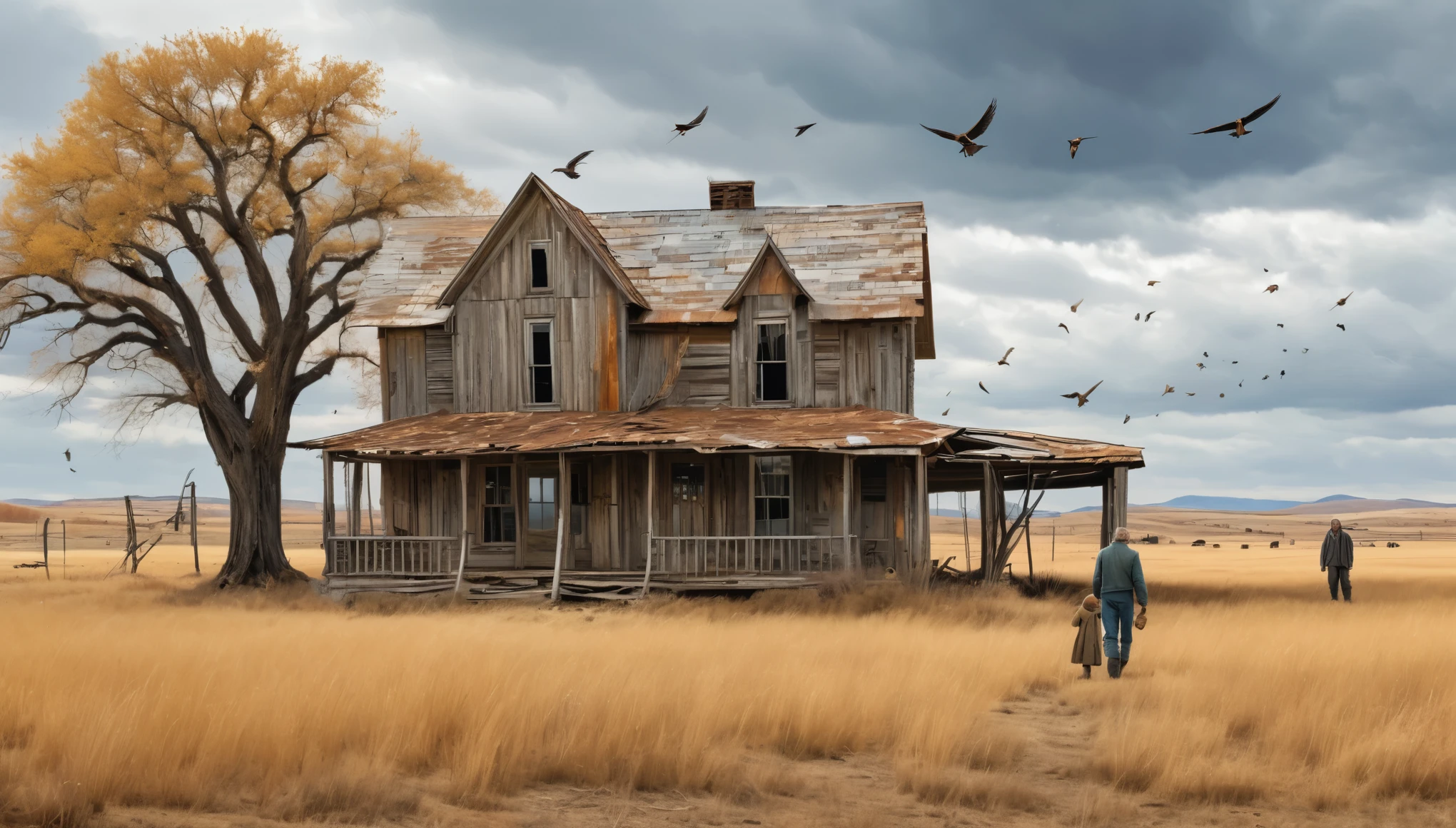 A desolate, rustic farmhouse in an expansive, barren field. The house has an old, weathered appearance with corrugated metal roofing and wooden siding, showcasing signs of decay. The landscape features dry, yellowed grass and leafless trees under an overcast sky. Two figures stand near the house, adding to the eerie and deserted atmosphere. A flock of birds flies overhead, enhancing the scene's somber and isolated mood. Hyper realistic photo, vibrant colors, 16k
