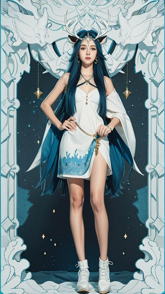 1 girl, solo, long hair, hip height, low tied long hair, deer antlers, simple background, helmet, extra long hair, blue hair, horns, dress, full body, jewelry, white hip height, 8k, best quality, masterpiece