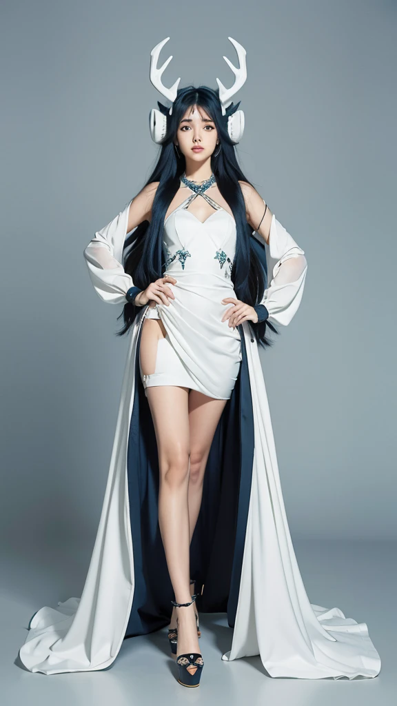 1 girl, solo, long hair, hip height, low tied long hair, deer antlers, simple background, helmet, extra long hair, blue hair, horns, dress, full body, jewelry, white hip height, 8k, best quality, masterpiece