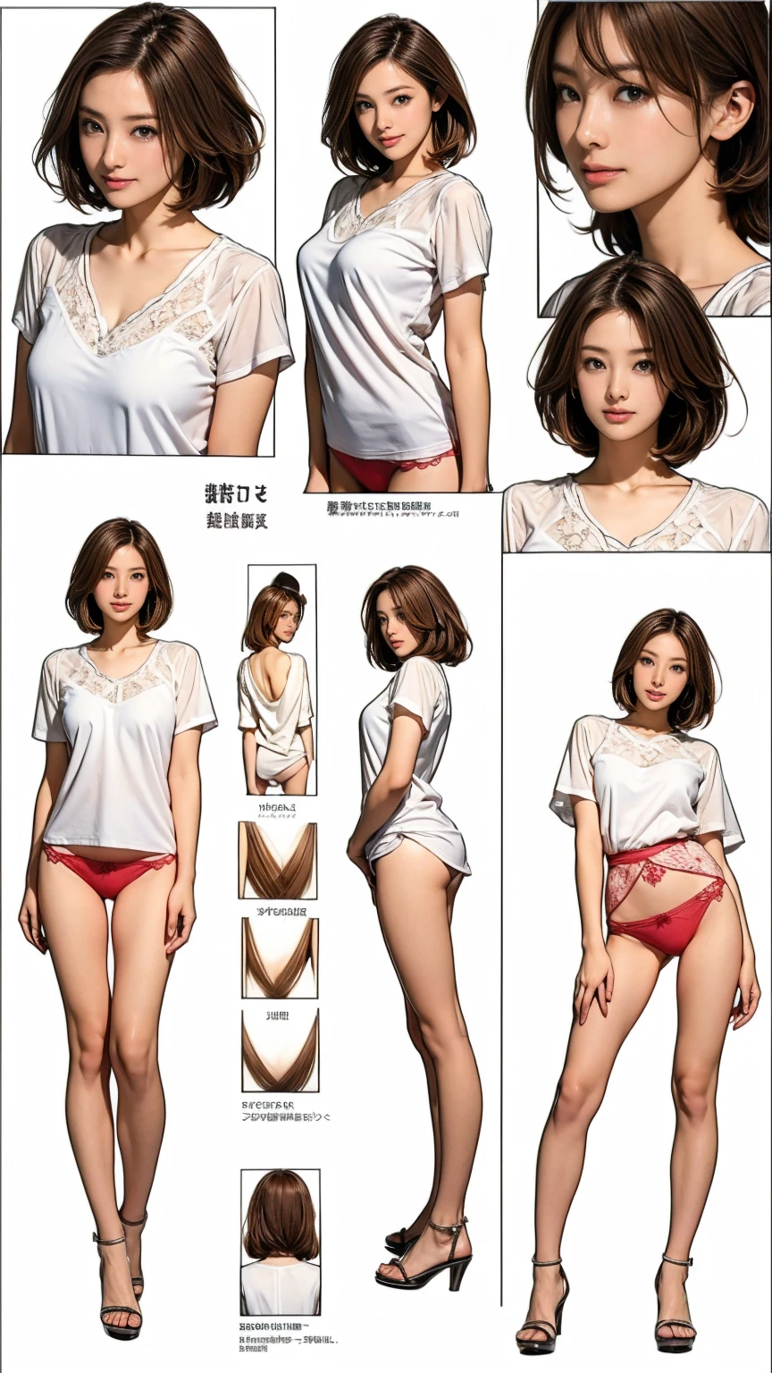 ((masterpiece)),(((Highest quality))),((Character design sheet)),Thin thighs,Long legs,20 year old Japanese woman,Brown thin hair, Sidewave shorthair,Medium bust size,A very kind smile, y red lace pane visible:1.5,Wearing a white shirt,I'Iはスカートを履いていません:1.5,Plant and flower background:1.5,