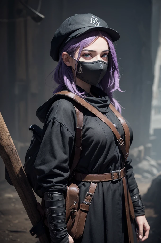 A mysterious character with a common biotype who does not show her identity or gender and is wearing a cap and stylish mask, she has a calm and serious look with violet eye color, the style of the environment is medieval with feudalism, she is a miner smart in black clothes with sashes, and is holding pickaxe and with a travel backpack, an art design with cool details and complete comic book art style.