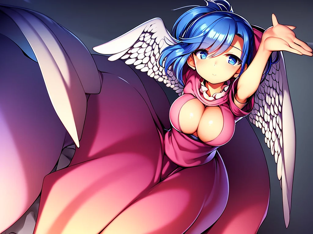 masterpiece, best quality, 1girl, , , , medium blue hair, hair flaps, pink ribbon on head, well-formed face, blue eyes, angel girl, white blouse, puffy short sleeves, red ribbon, angel wings, long white skirt, red shoes, frills, ribbon head, from behind, to lift up one’s skirt, cowboy shot, from front, standing , raise one leg, crossed arms, arms up behind, arms behind back, hand between legs, put hands hip, one hand on hip, forward hands, arms raised in the air, punch hands, peace sign, waving, put up index finger, sit, lie down, closed eyes, lie face down, looking back, put one hand chest, leaning forward, cleavage, close up, horizontally outstretched arms, horizontally outstretched legs, front view, front face