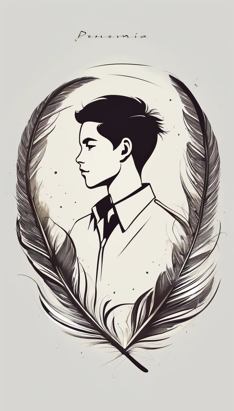 A minimalist, fantastic, poetic, dreamy, captivating, memorable, masterpiece, modern, simple logo design of a boy and a feather for the brand “Penamemoria". The logo must convey a sense of music, stories and dreams. Minimalistic logo design of a boy and a feather.