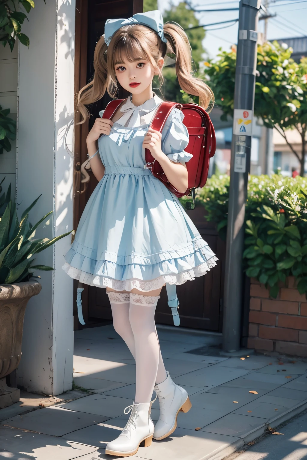 (highest quality、realistic, masterpiece、、best image quality、hyper realism、Award-winning work)、(solo:1.1)、(1 photo:1.1)、(Feminine and girly cute light blue frilly lolita dress:1.2)、(Perfect straight twin tails:1.2)、(low length:1.1)、(Height: 160cm:1.1)、small breasts、emphasize body line、slender body、Standing gracefull、Full body photo of a woman standing gracefully、accurate anatomy、perfect makeup、long eyelashes、glossy lips、Ultra high definition glossy skin、(Ultra-high definition bright and beautiful skin:1.1)、Ultra-high definition glossy lips、Super high definition beautiful teeth, wearing brown backpack, (backpack:1.2), Lolita dress, cute dress, outdoor, standing, fullbody, (fullbody:1.2), wear white pantyhose, white stockings, white heeled boots, (boots:1.2)