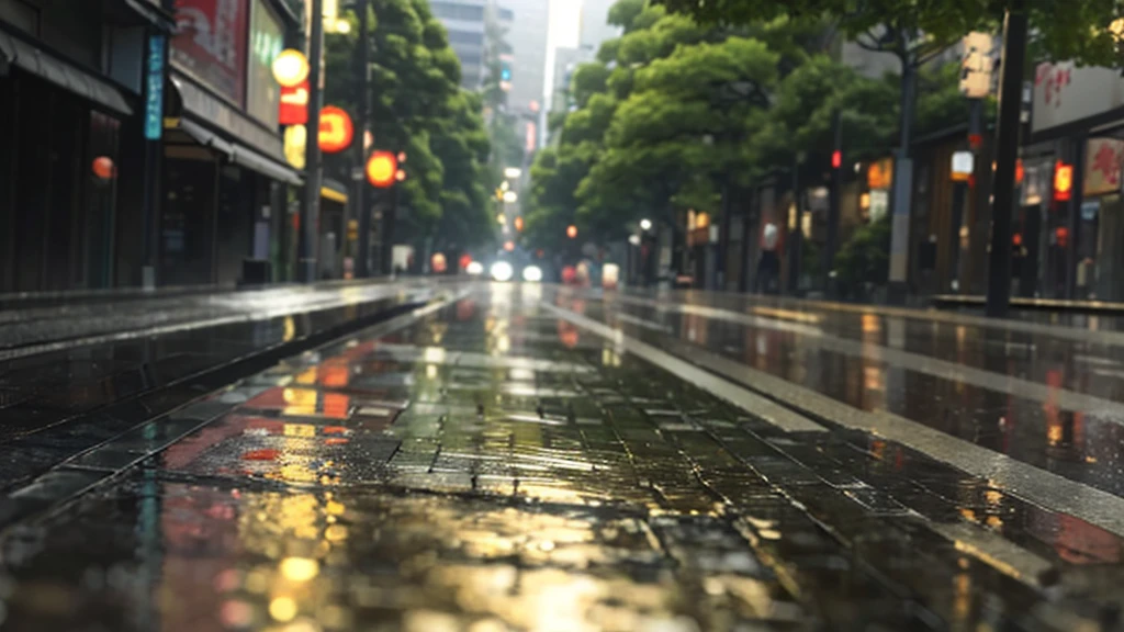 tokyo sidewalk at morning after rain with wet streets, bokeh, focus on ground, make it like garden of words style, warm tone, no human, no people on it, (((very low angle))), (((detailed background))) sun light