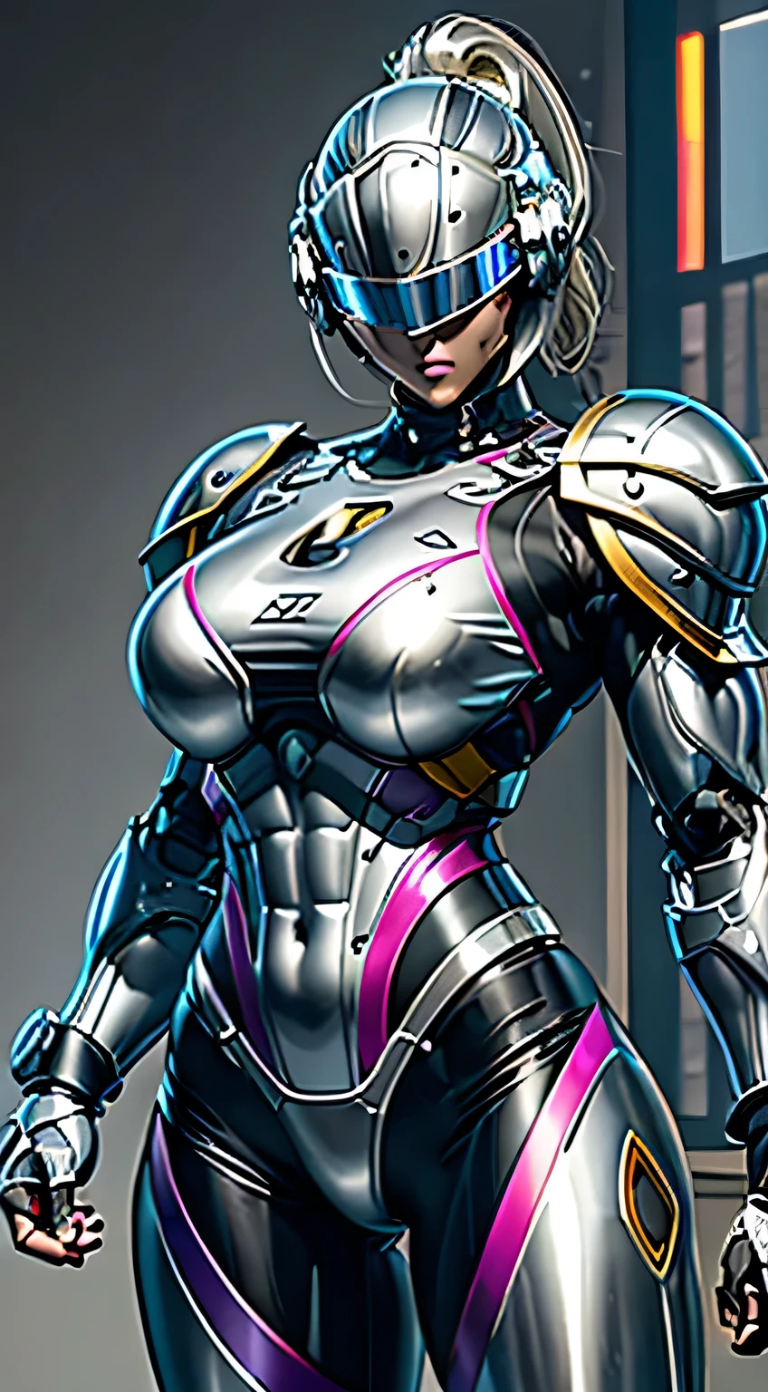 Female Robocop Solo、Bright outdoors、strong light source、8K, high quality, masterpiece, 最high quality, Crisp contrast、Very detailed、Full body armor、Very large armor、Helmet covering the head、Clear photos、His eyes are hidden by thin straight goggles:1.3、The lower half of the face is raw々Shii:1.5、The lower half of the face is exposed、Seductive lips、Rainbow and white metallic armor、Armor that completely covers the chest、Long, slender legs、Vibrant Posselo Body View,Big and ample breasts:1.5, (Sports Body:1.5)、Five Fingers、Hold a handgun、In the city